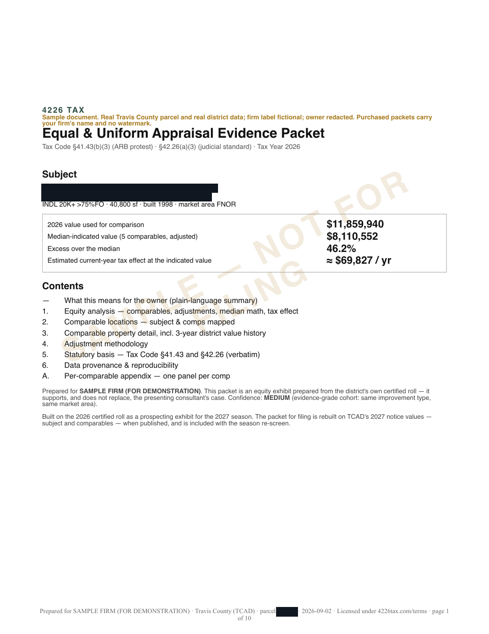 Cover page of the sample packet, owner and parcel redacted